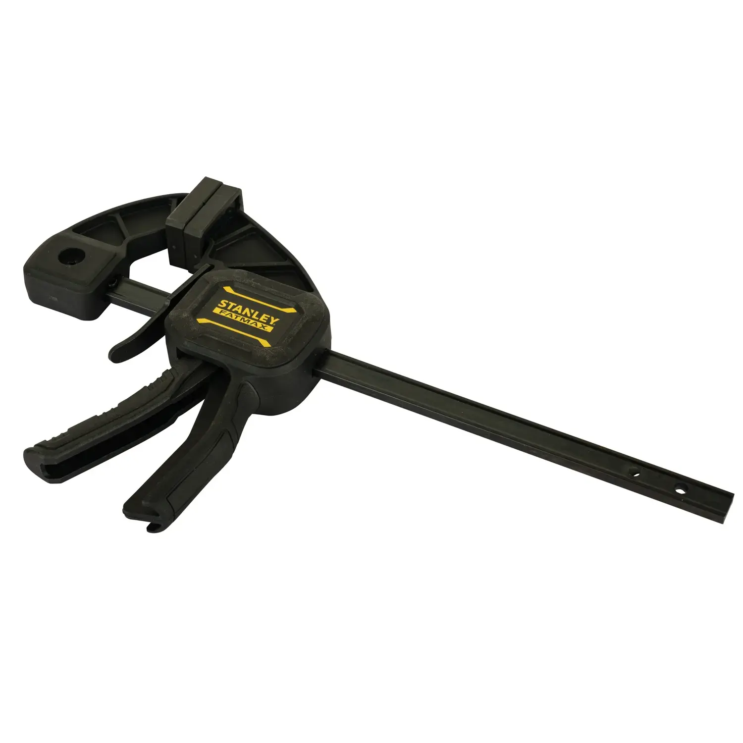 STANLEY FMHT0-83232 morsetto a grilletto nero vista laterale su sfondo bianco.