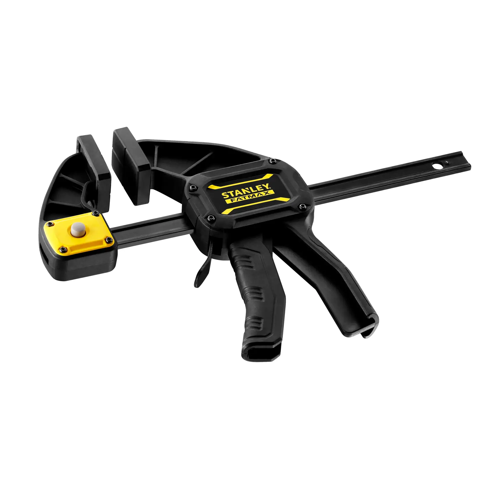 Foto del STANLEY FMHT0-83234 morsetto a grilletto nero e giallo, vista laterale, sfondo bianco.