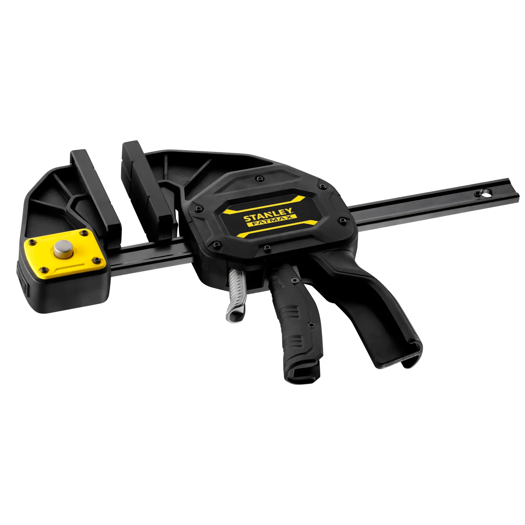 STANLEY FMHT0-83238 fotografia di morsetto a grilletto nero e giallo, angolo frontale, su sfondo bianco.