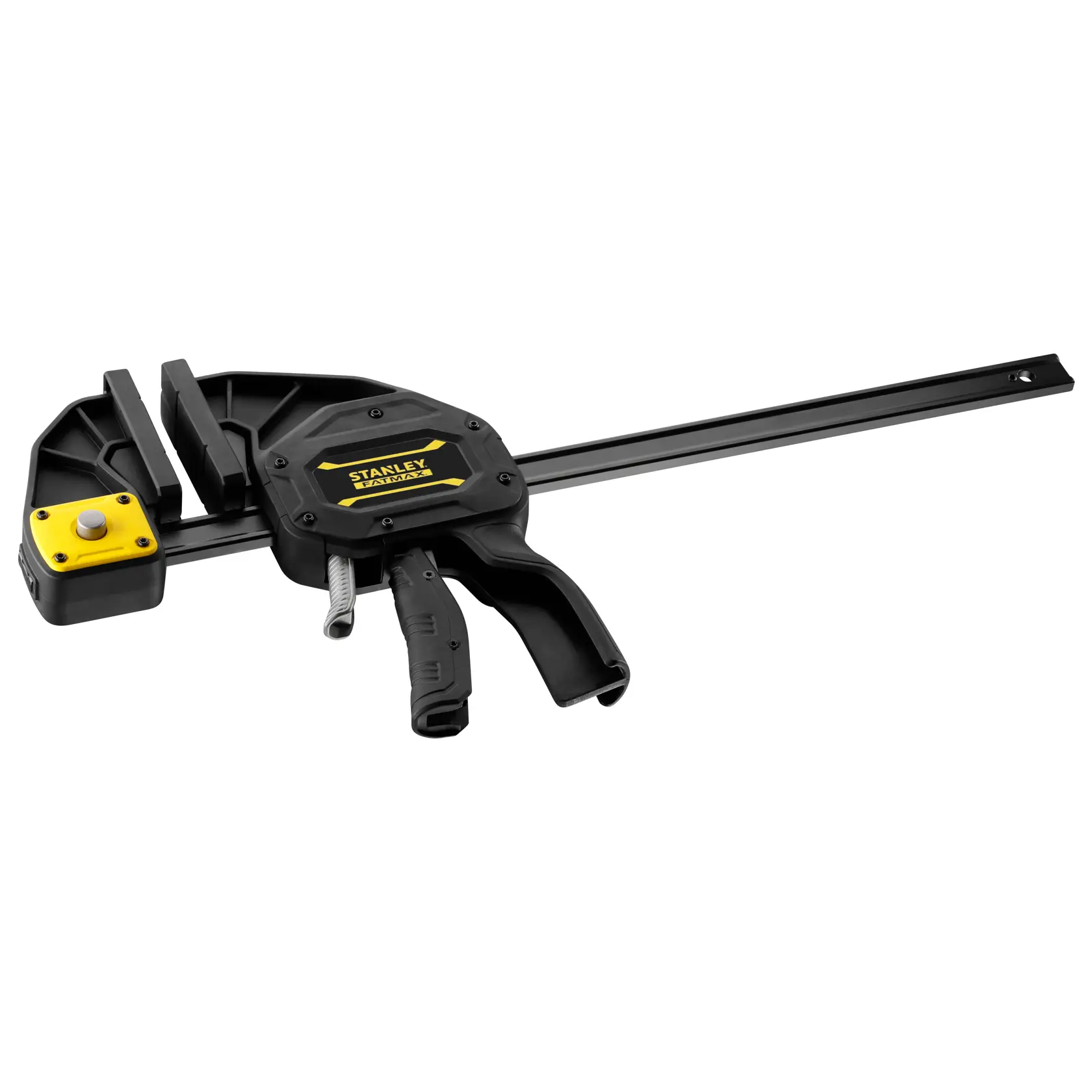 STANLEY FMHT0-83239 morsetto a grilletto nero e giallo, foto frontale su sfondo bianco