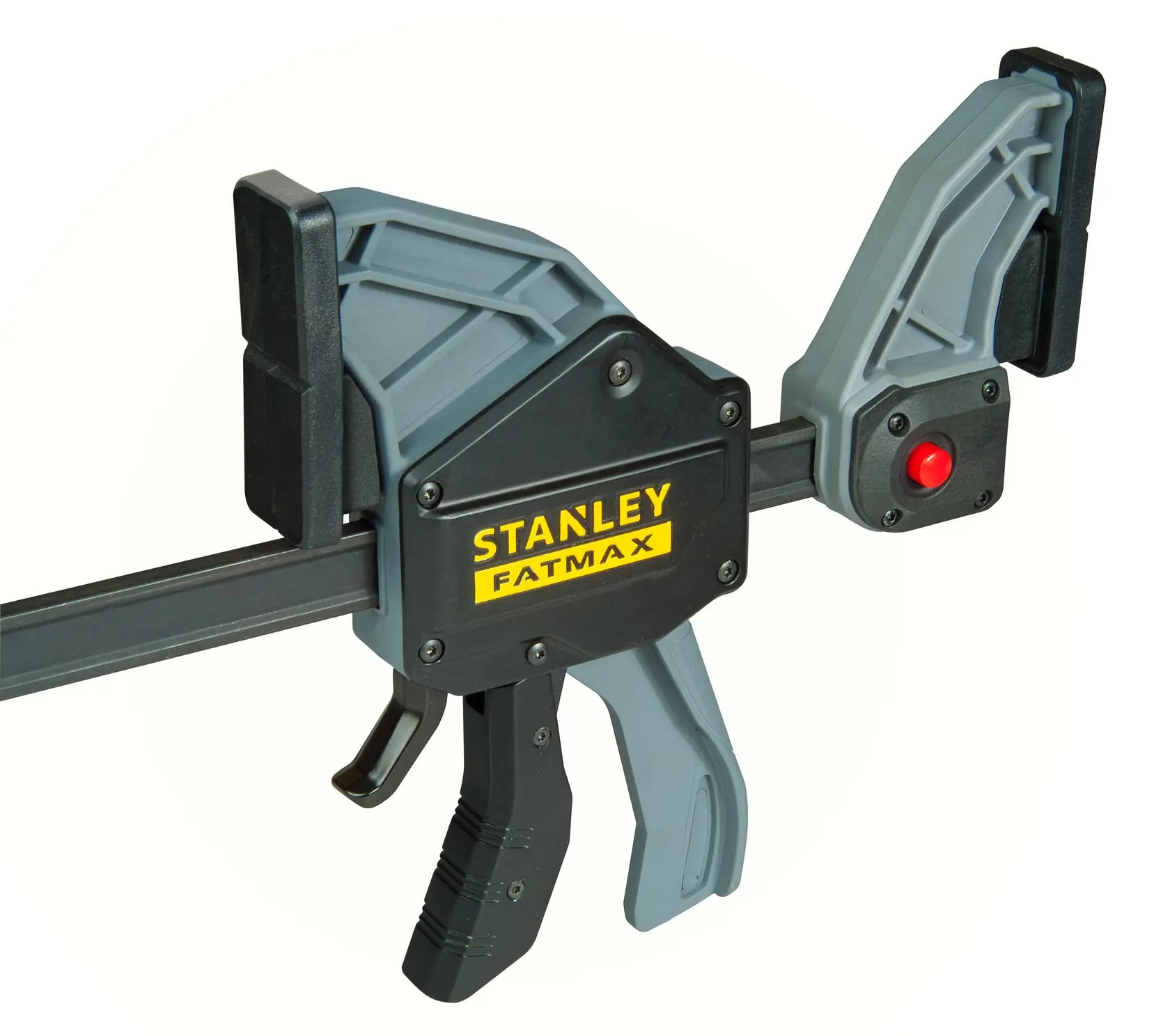 STANLEY FMHT0-83240 morsetto a barra con manico a grilletto, nero e grigio, fotografia prodotto, vista laterale.