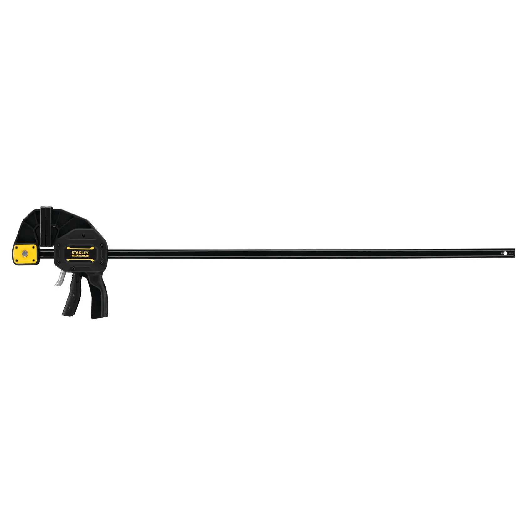 Foto di STANLEY FMHT0-83241, morsetto nero a barra con grilletto, utensile per legno, vista laterale su sfondo bianco.