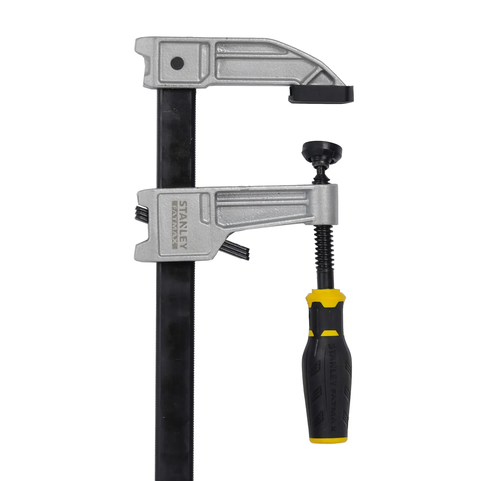 STANLEY FMHT0-83246 morsetto a barra con manico nero e giallo, braccio del morsetto, fotografato su sfondo bianco.