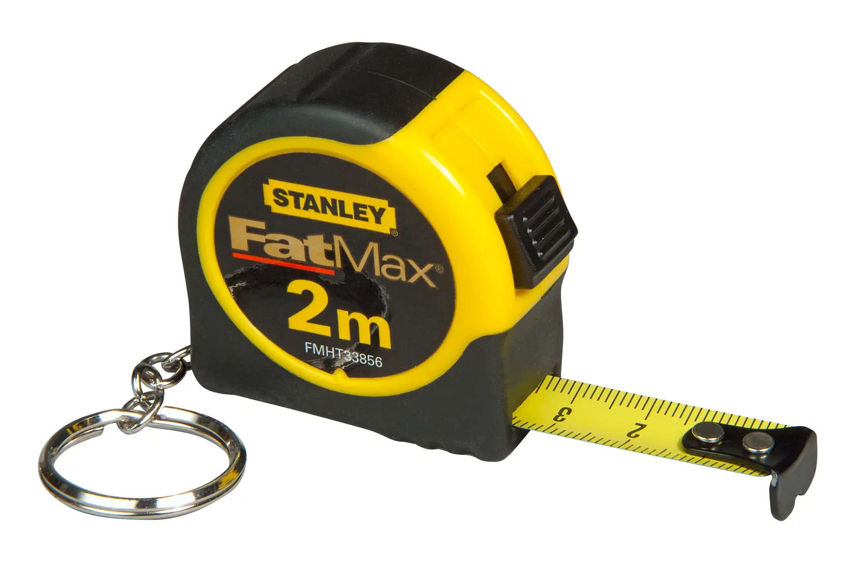 STANLEY FMHT1-33856 metro compatto giallo e nero con portachiavi, 2m, vista frontale su sfondo bianco.