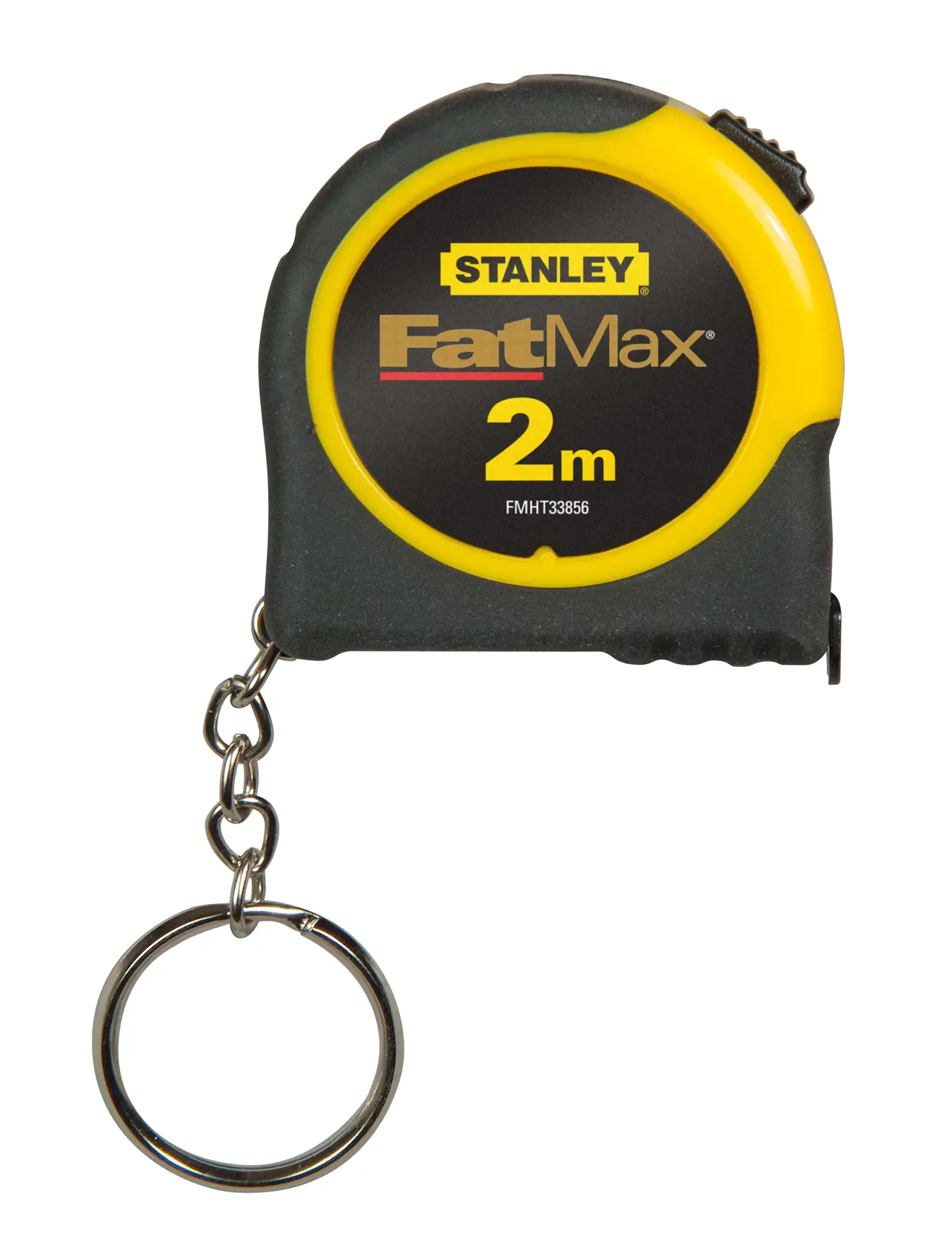 STANLEY FMHT1-33856 FatMax portachiavi con metro 2m, nero e giallo, vista frontale su sfondo bianco.