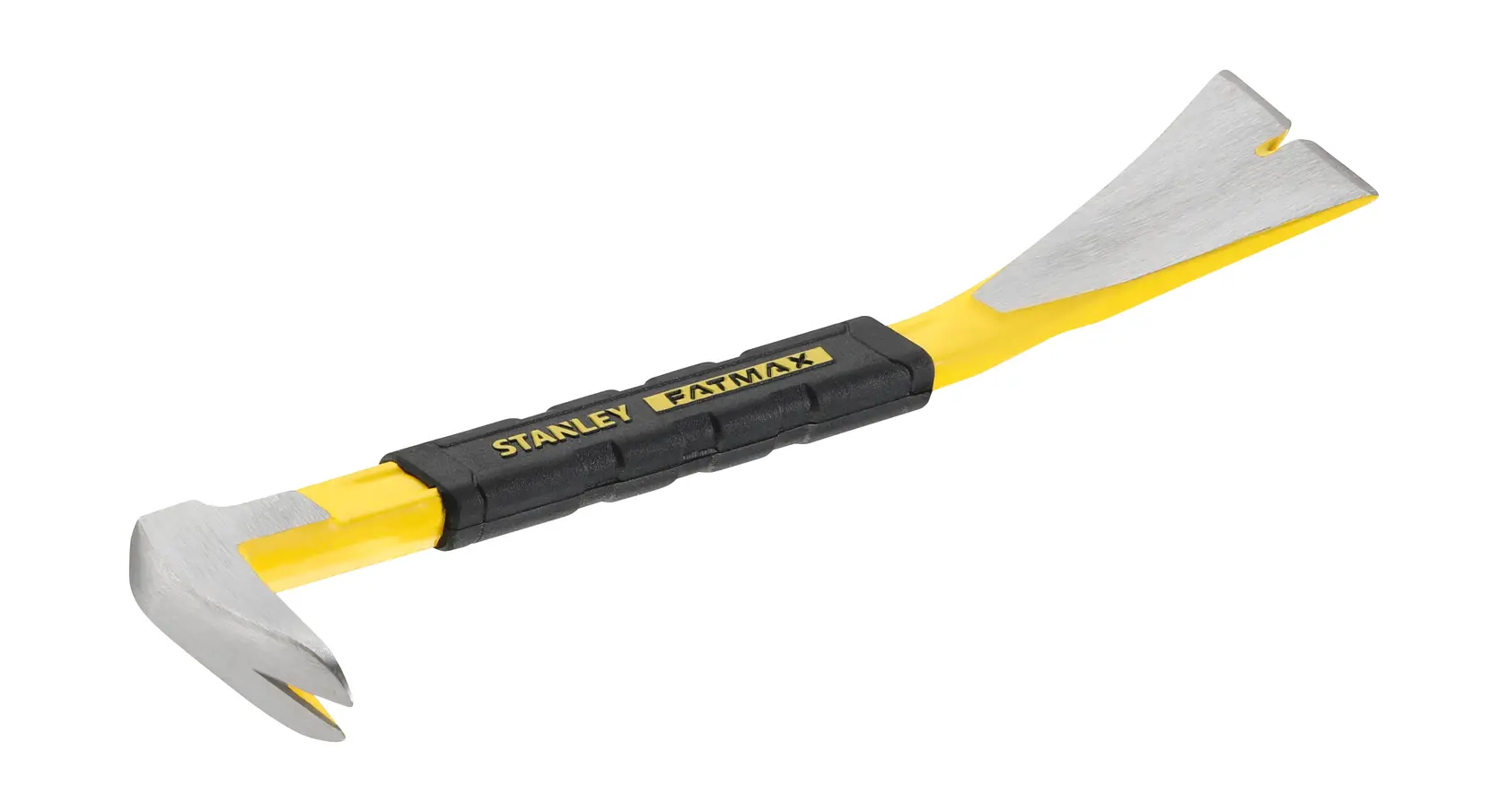 Foto del piede di porco piatto STANLEY FMHT1-55009 con manico giallo e nero e estremità in metallo su sfondo bianco.
