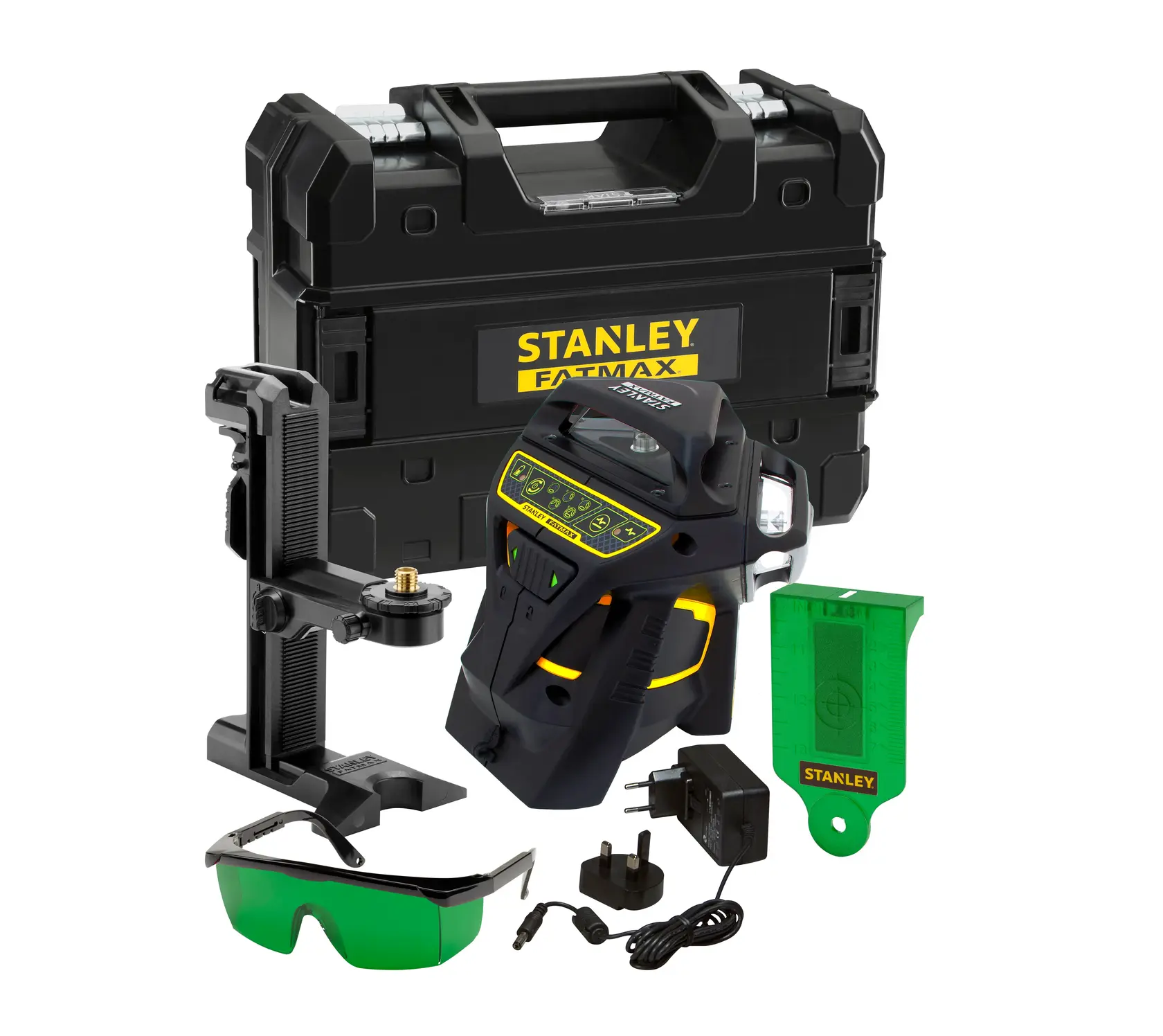 STANLEY FMHT1-77356 kit livella laser rotante verde con valigetta, staffa, occhiali verdi, caricatore e accessori, vista frontale.