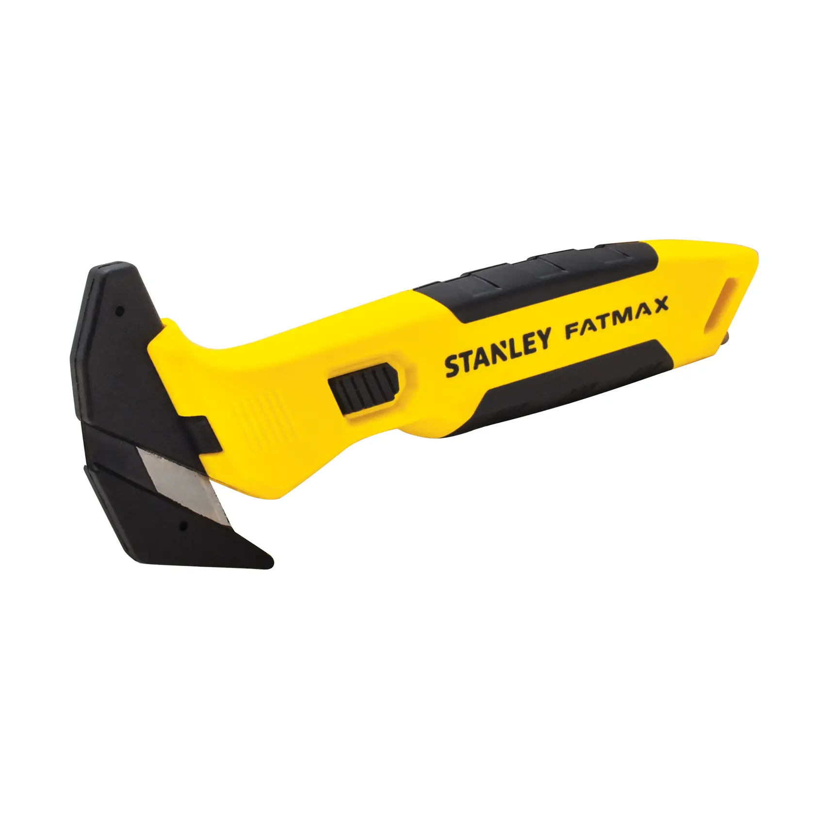 Taglierino STANLEY FMHT10358-0 con manico ergonomico giallo e nero, lama angolata, vista laterale del prodotto.