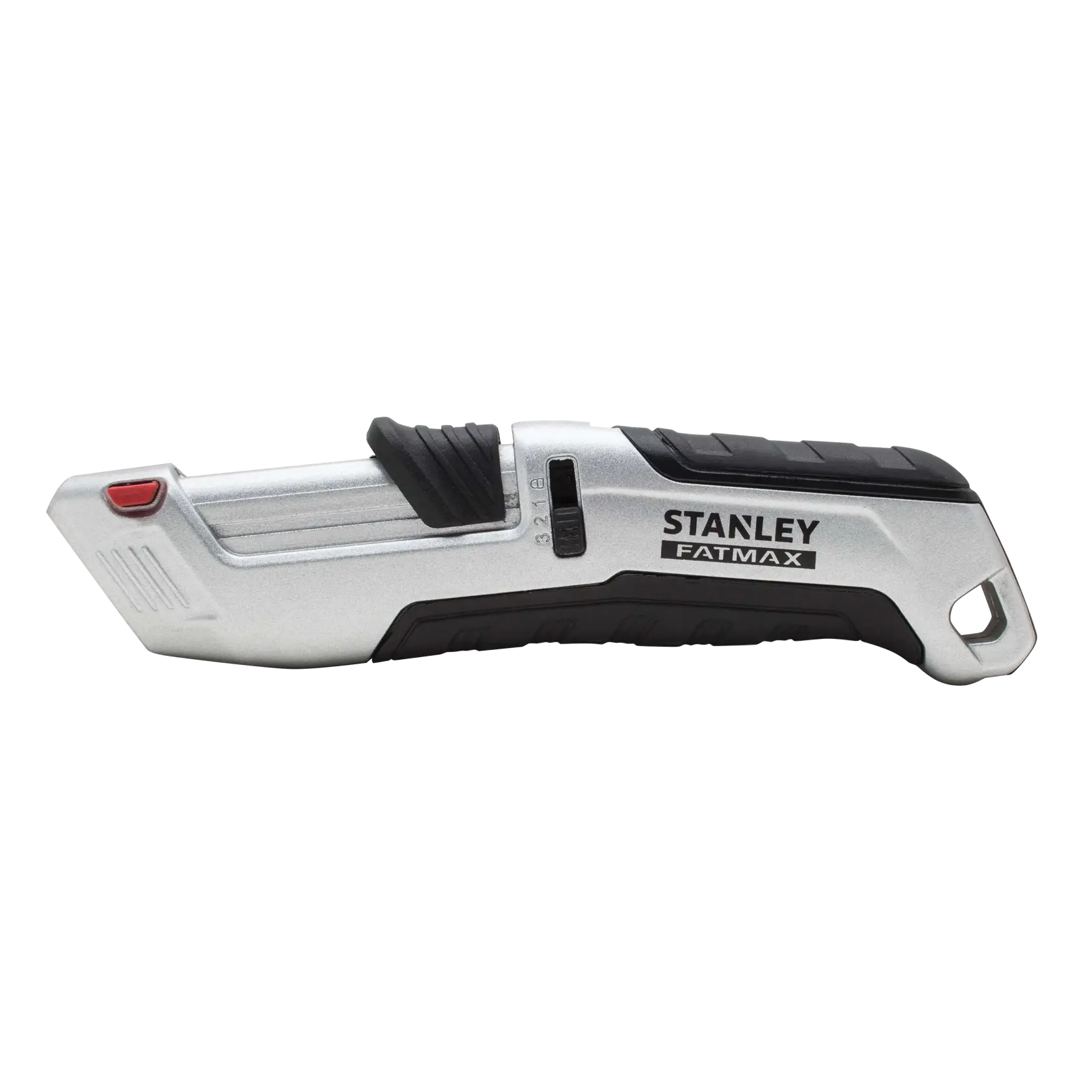 Taglierino STANLEY FMHT10367-0 con manico argento e nero, vista laterale sinistra su sfondo bianco.