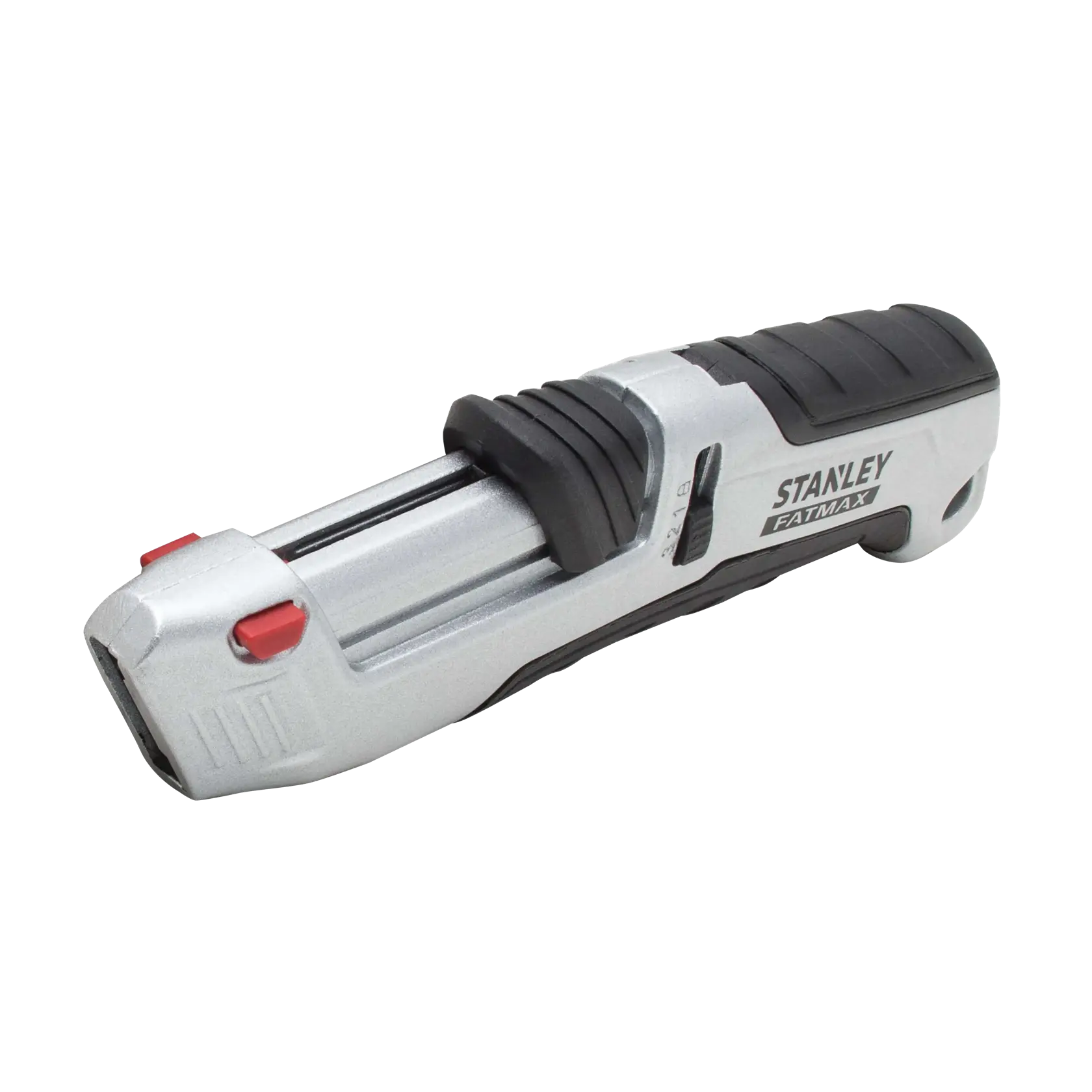 Coltello universale STANLEY FMHT10367-0, argento e nero, vista laterale, dettagli con pulsante rosso.