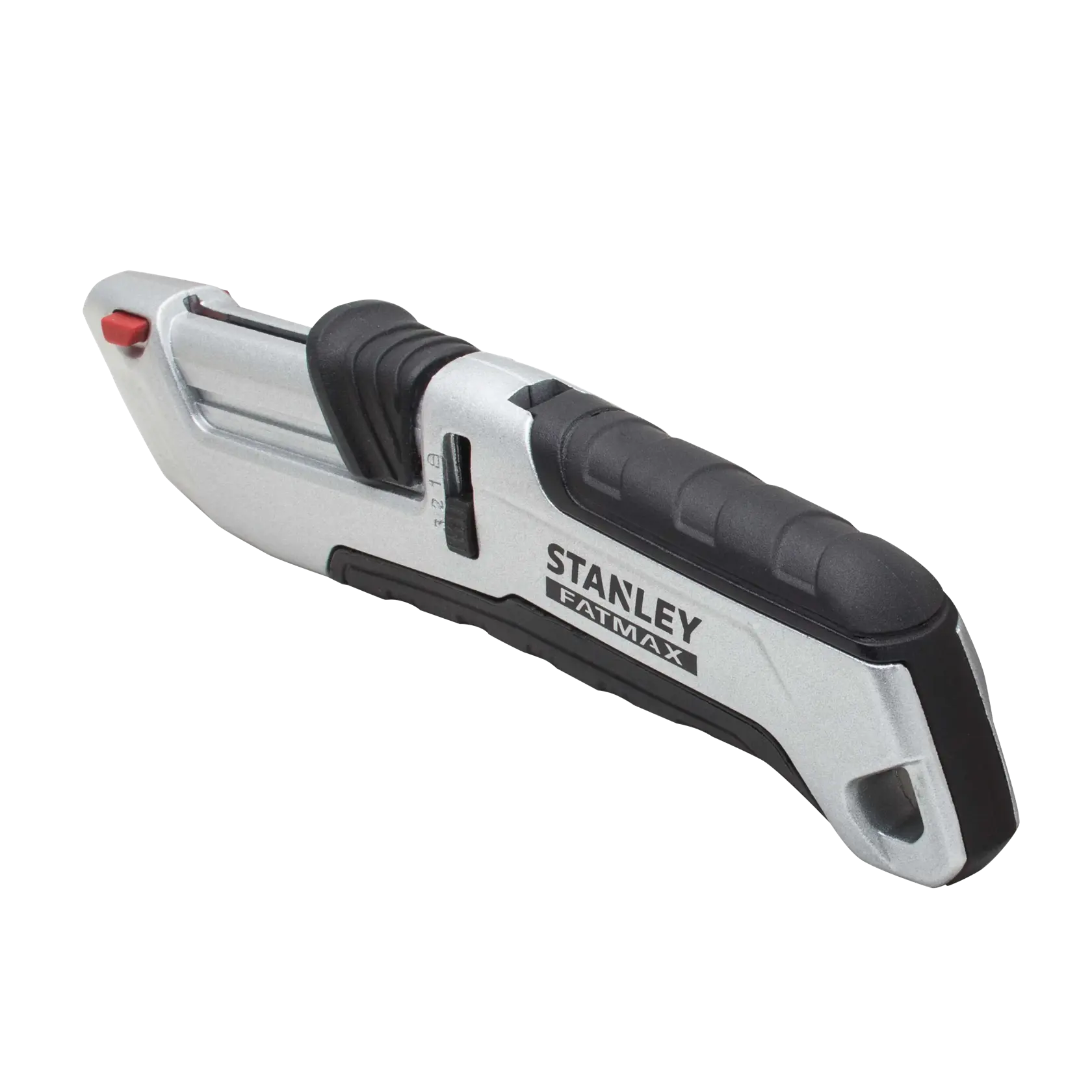 STANLEY FMHT10367-0 coltello pieghevole con impugnatura ergonomica nera, corpo argento, su sfondo bianco.