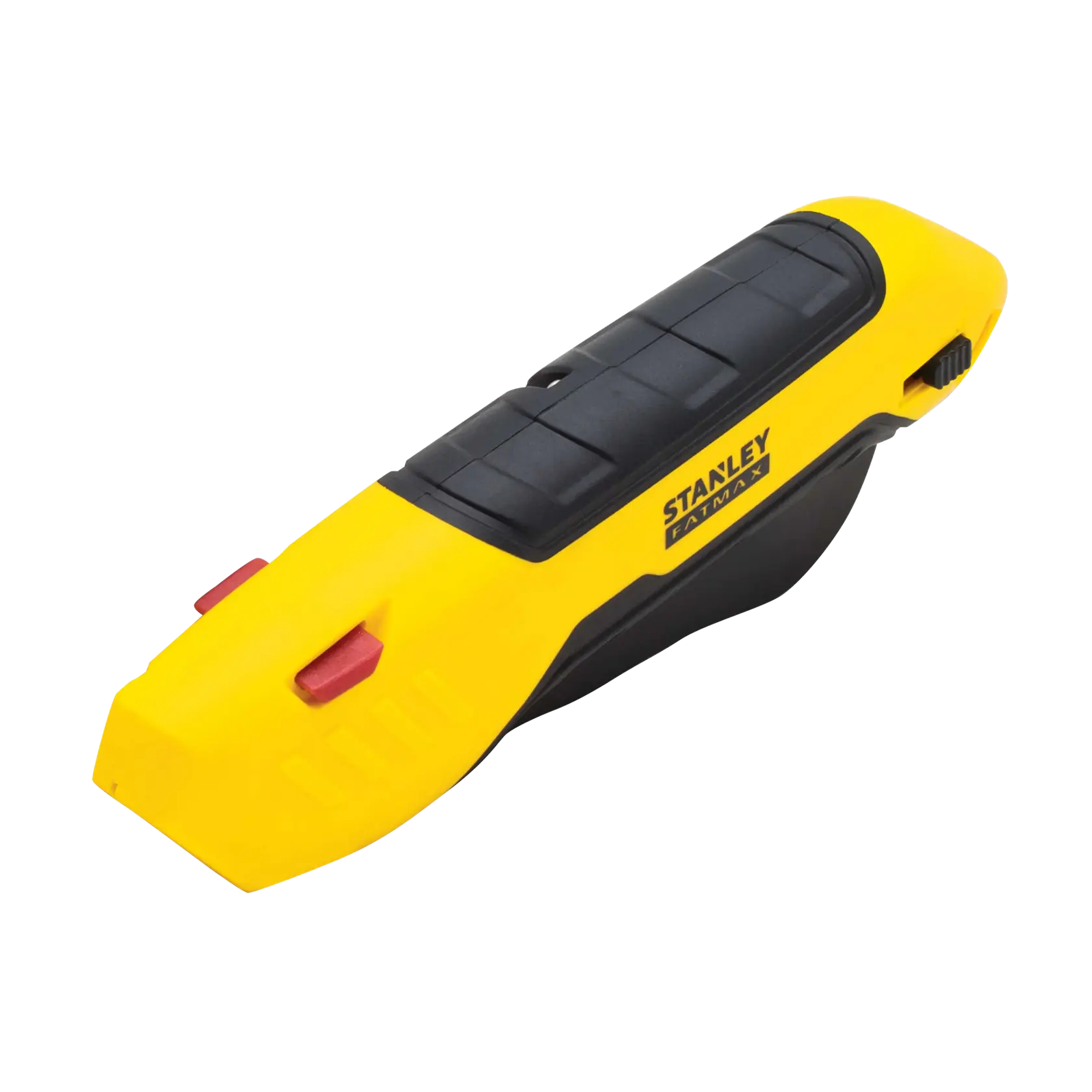 Taglierino STANLEY FMHT10369-0, giallo e nero, vista angolata, con pulsanti rossi di sicurezza.