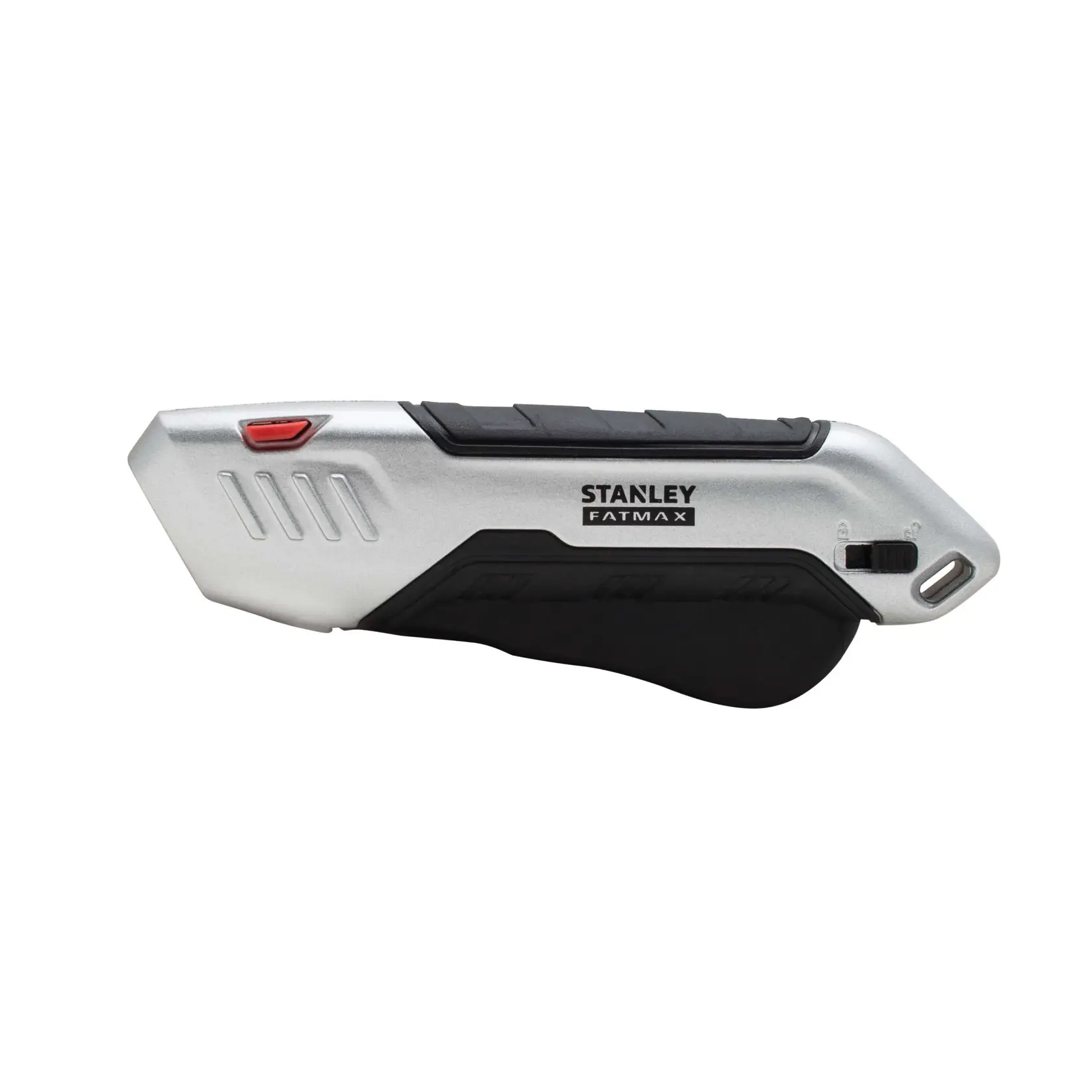Coltello universale STANLEY FMHT10370-0, argento e nero, vista laterale, con cursore rosso e impugnatura ergonomica.