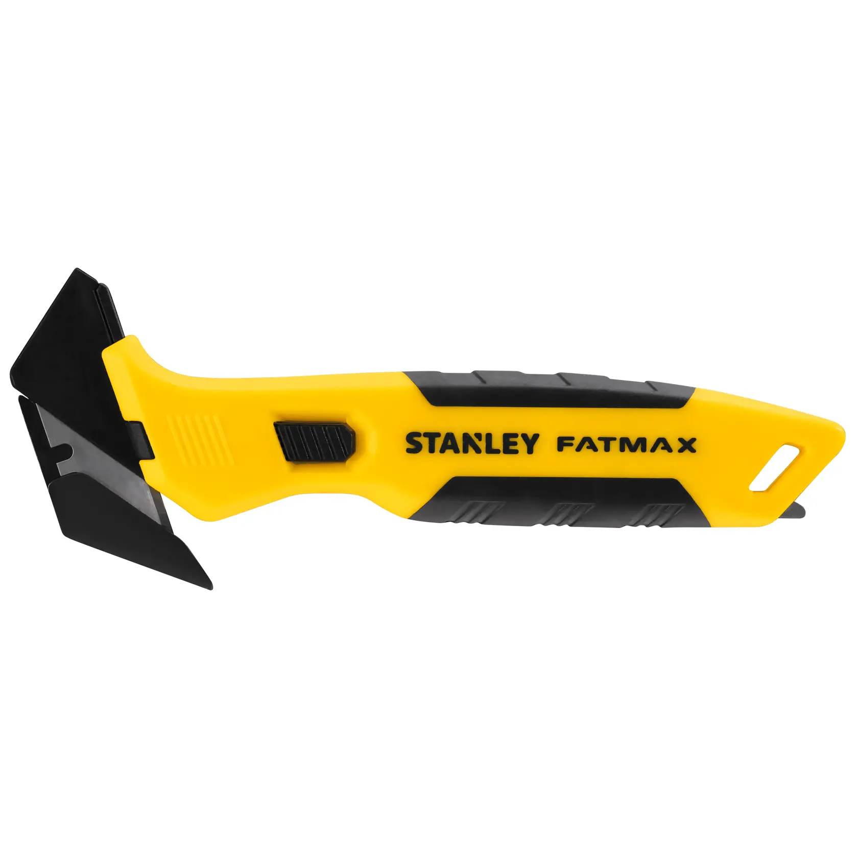 Foto di raschietto multiutensile giallo e nero STANLEY FMHT10373-0 con manico ergonomico, vista laterale.