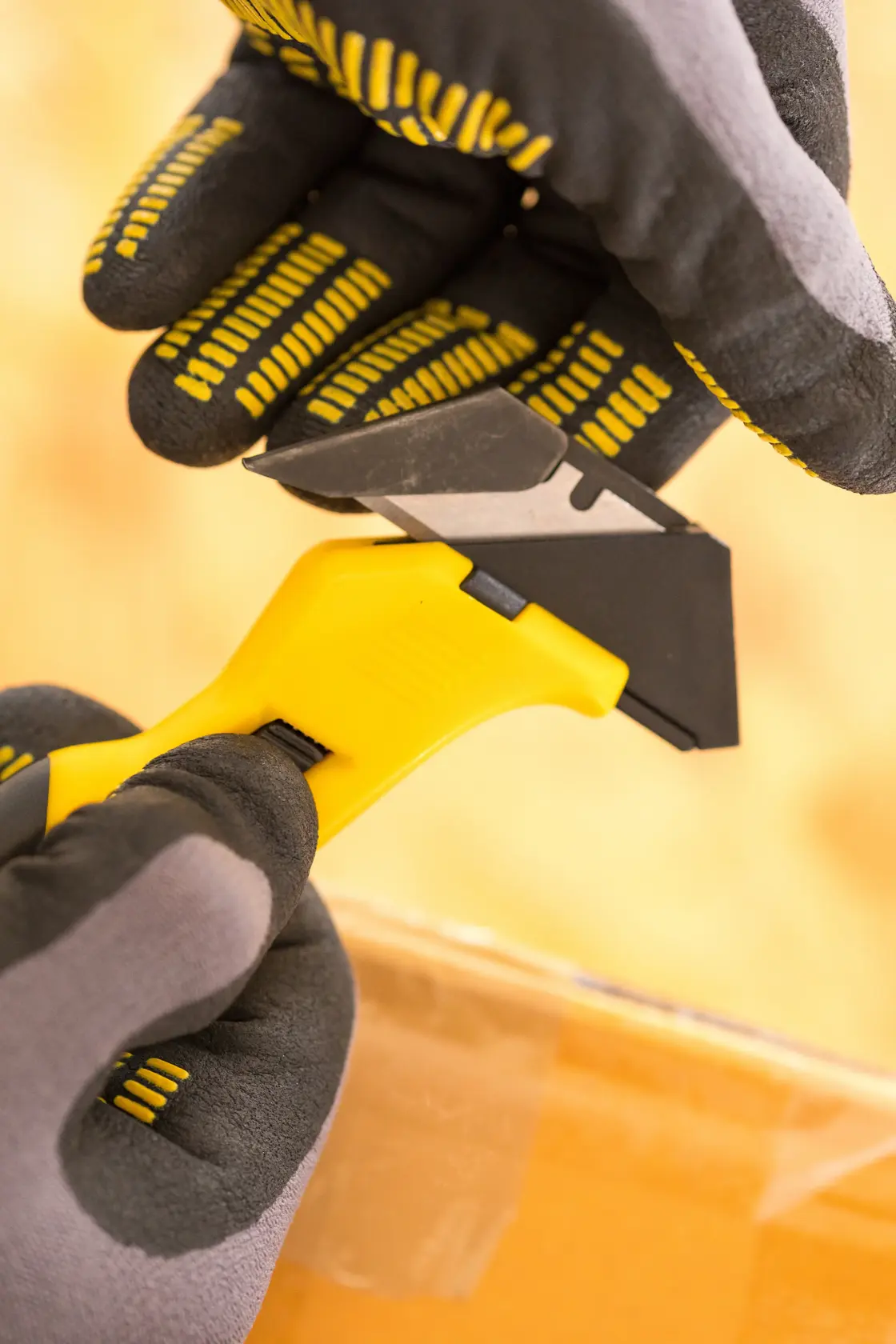 Taglierino di sicurezza STANLEY FMHT10373-0 con manico giallo, mostrato in mani guantate che tagliano nastro su una scatola.
