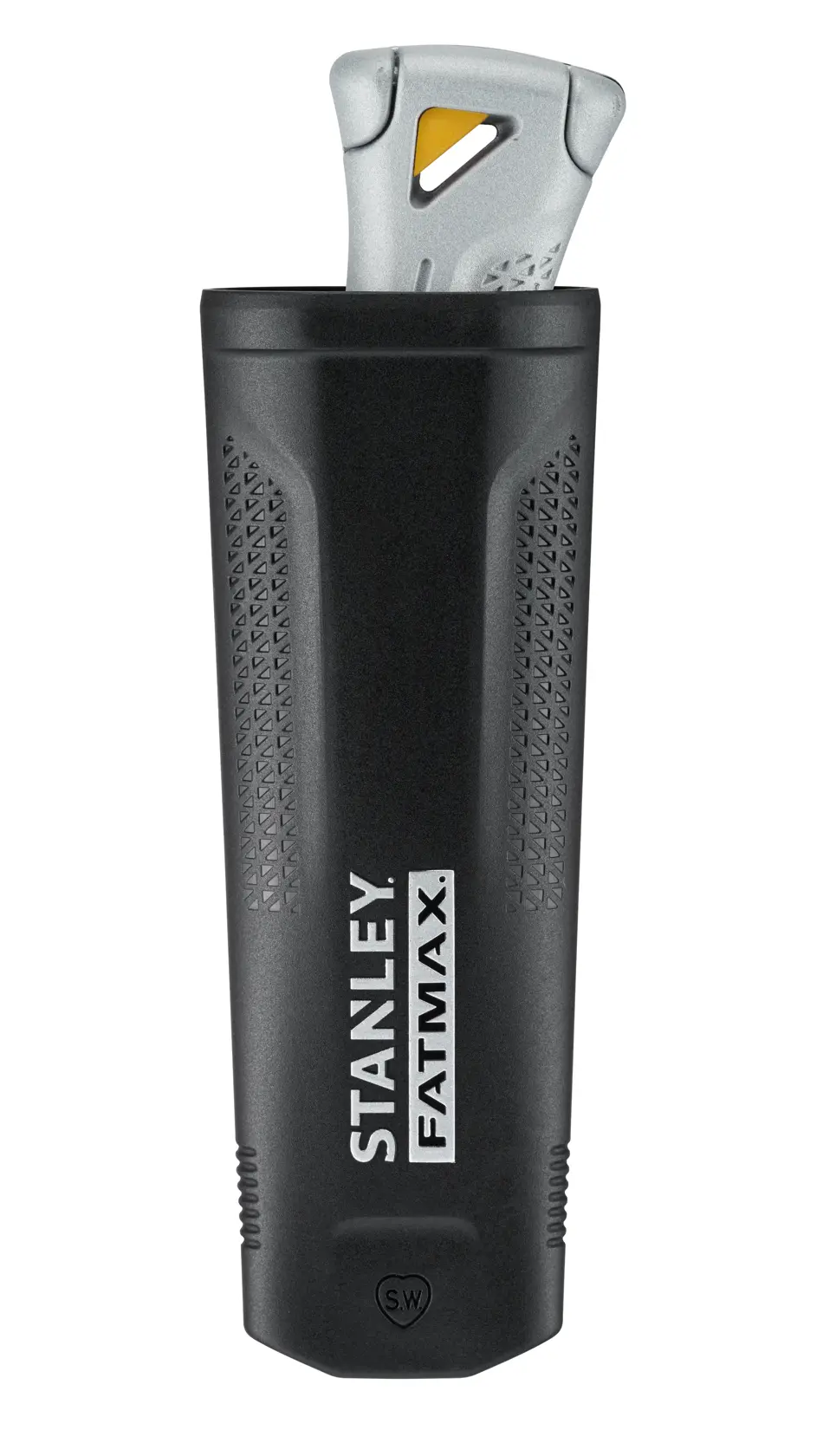 STANLEY FMHT10501-0 coltello multiuso con fodero nero testurizzato, vista frontale su sfondo bianco.