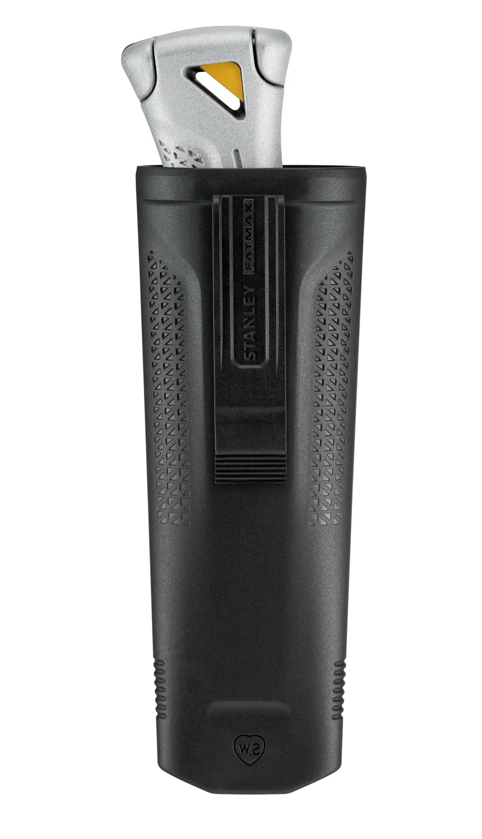 STANLEY FMHT10501-0 coltello universale con fondina nera testurizzata, vista frontale, sfondo bianco.
