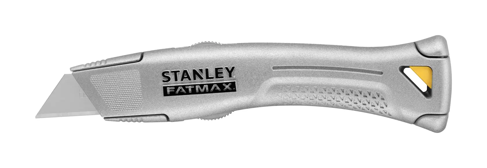 STANLEY FMHT10501-0 taglierino, metallo argentato con dettagli gialli e neri, vista laterale sinistra su sfondo bianco.