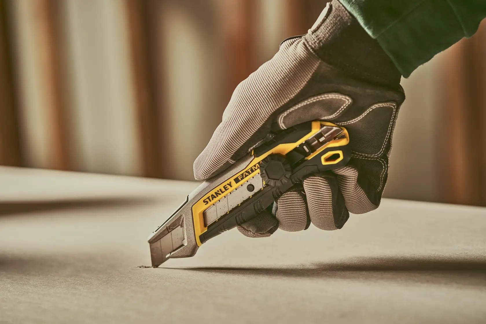 Foto del coltello multiuso STANLEY FMHT10592-0 in mano guantata che taglia materiale, primo piano.