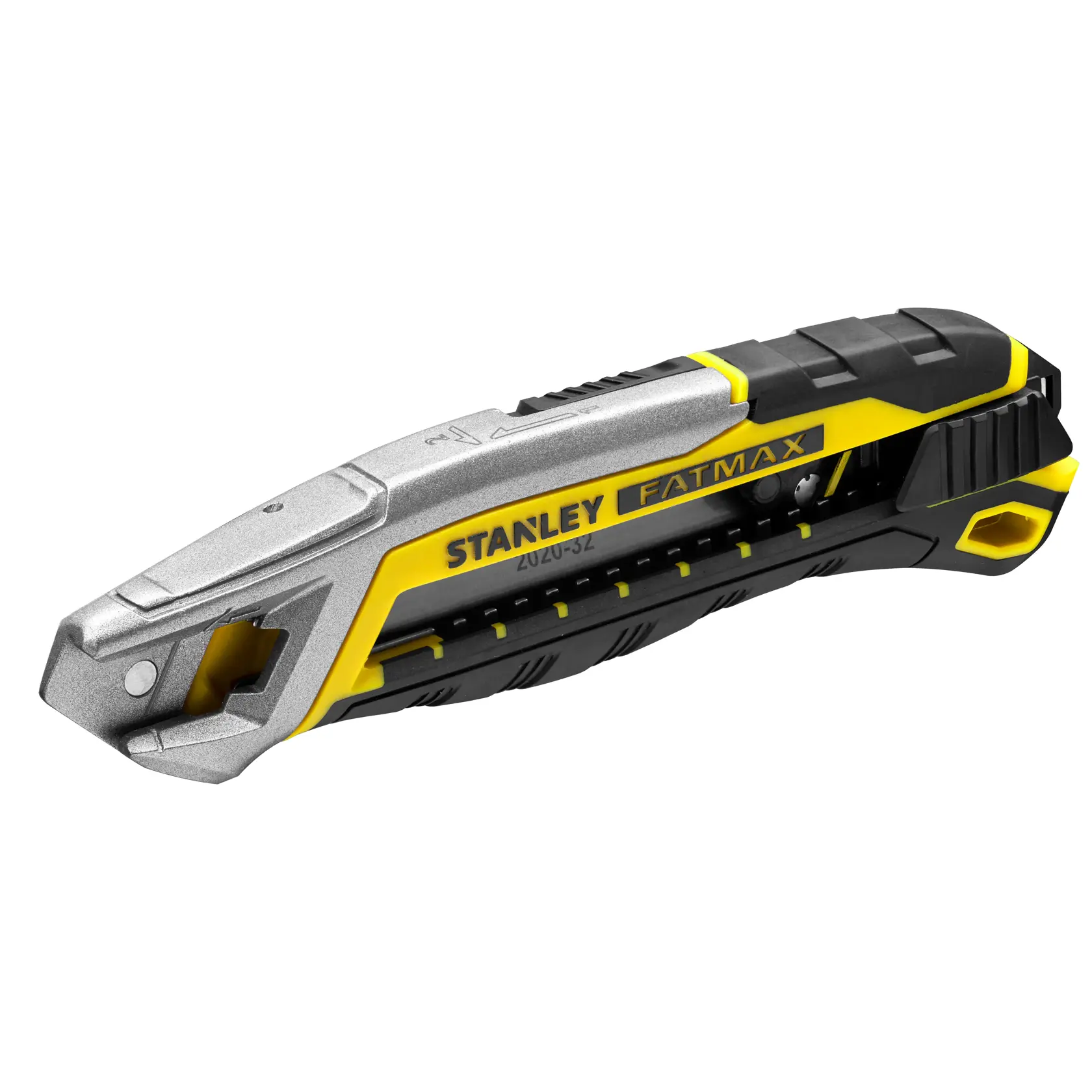 Coltello universale STANLEY FMHT10594-0, giallo e nero, vista laterale destra su sfondo bianco.