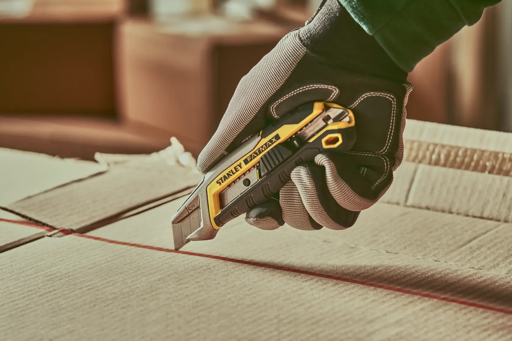 STANLEY FMHT10594-0 taglierino utilizzato per tagliare scatola di cartone, vista ravvicinata con mano guantata.
