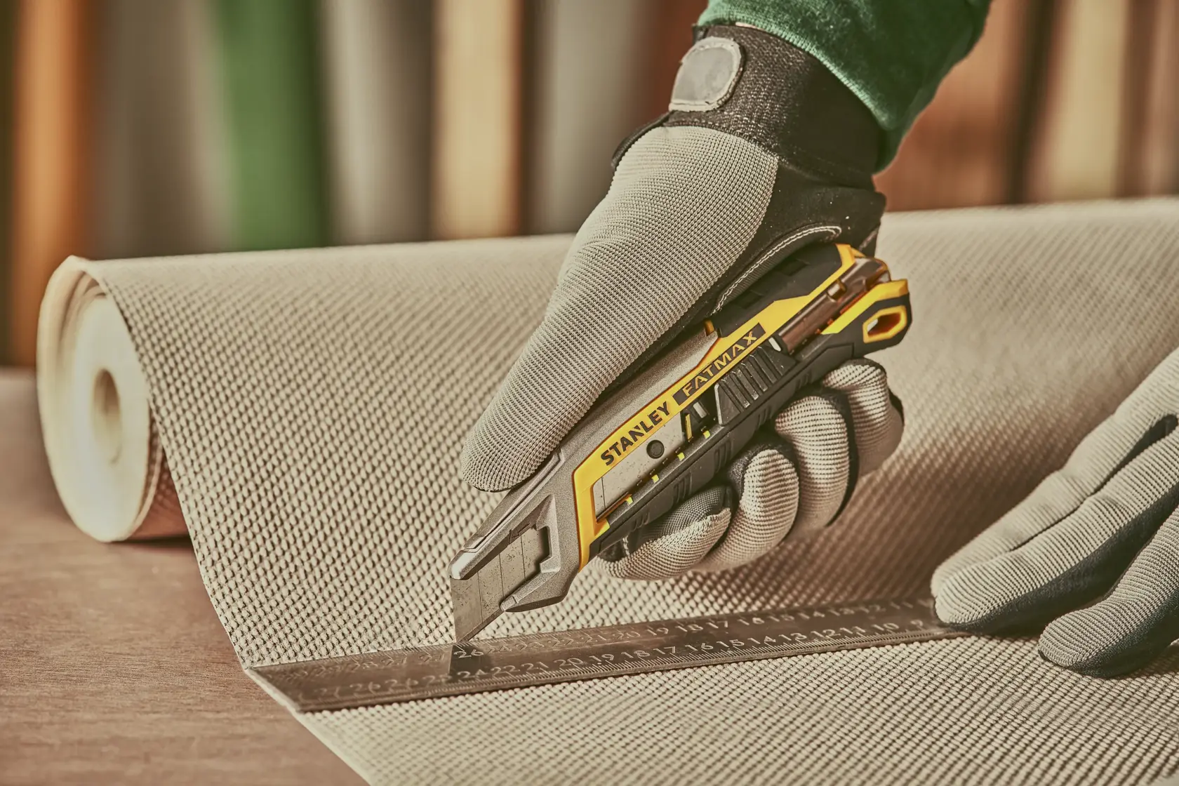 STANLEY FMHT10594-0 taglierino taglia tessuto lungo un righello, mano guantata, fotografia ravvicinata.