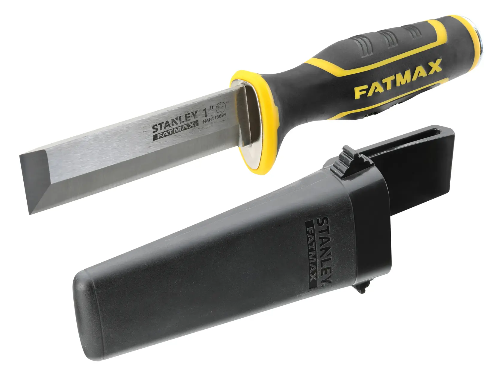 STANLEY FMHT16693-0 scalpello con manico nero e giallo e fodero protettivo, vista laterale, sfondo bianco.