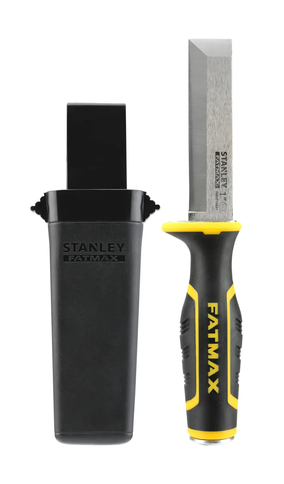 STANLEY FMHT16693-0 scalpello con manico nero e giallo e custodia protettiva nera, vista frontale.