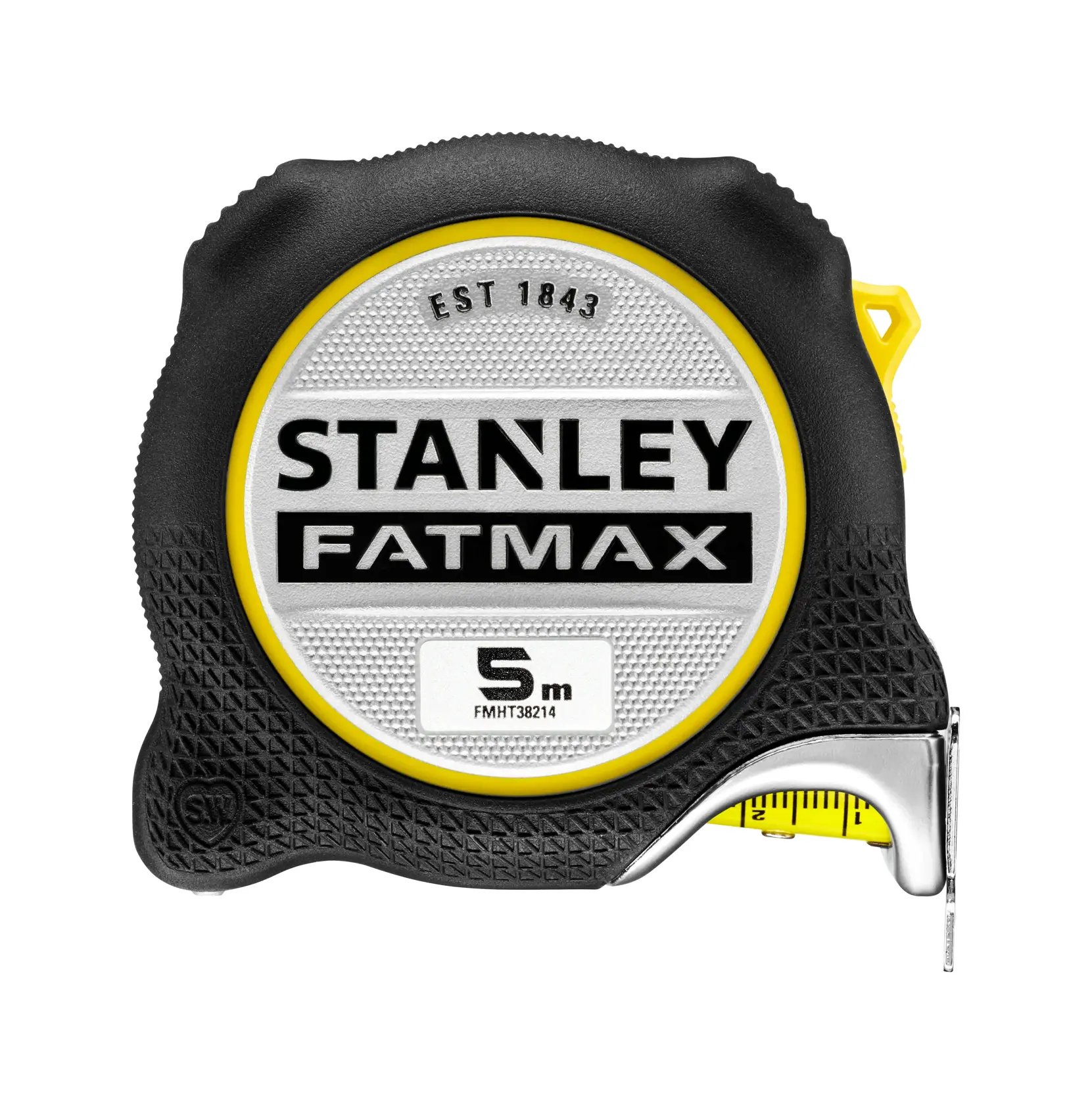 STANLEY FMHT38214-0 metro a nastro, modello FATMAX, 5 metri, custodia nera e gialla, vista frontale, fotografia.