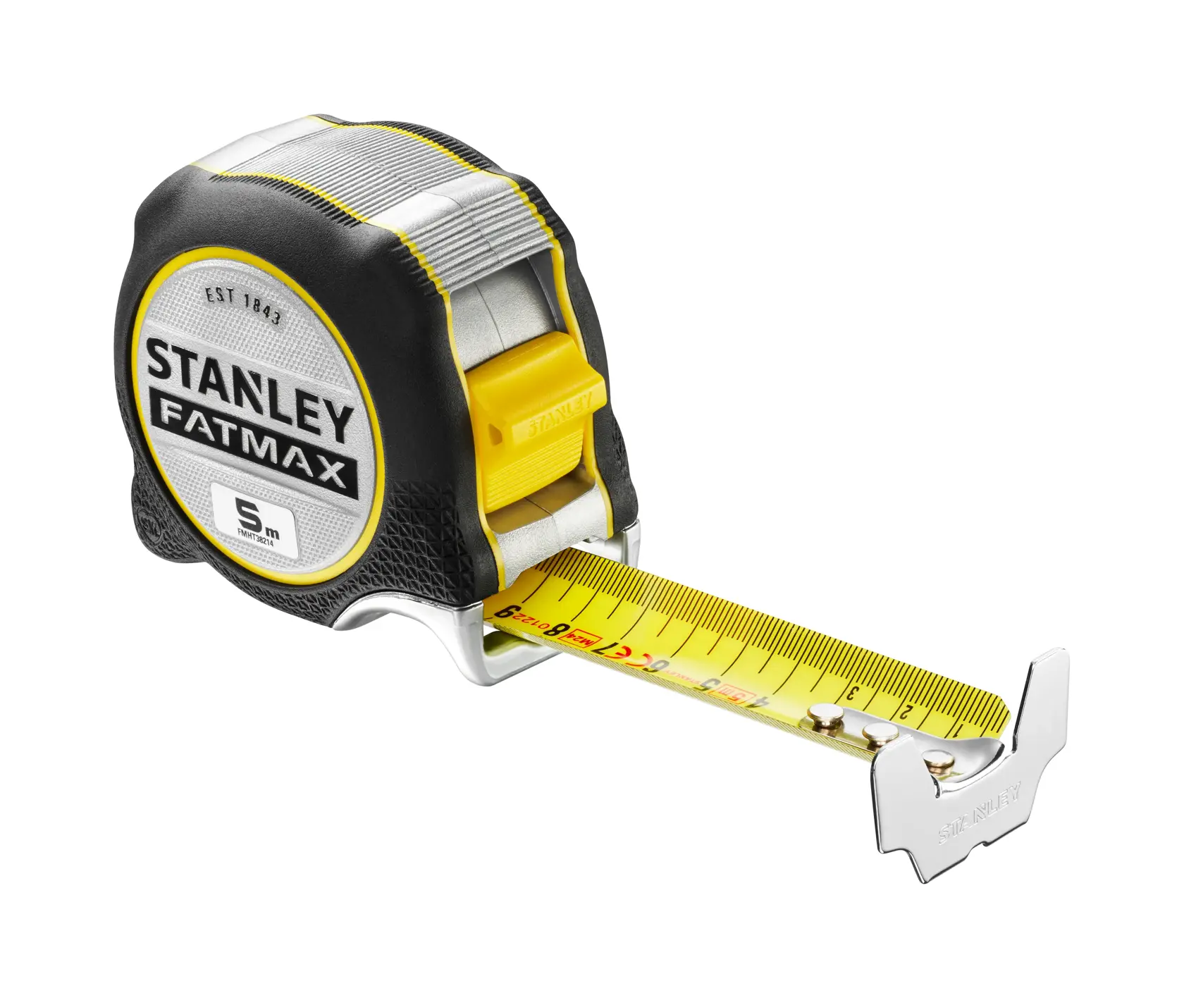 Metro STANLEY FATMAX FMHT38214-0, 5 metri, lama gialla, custodia in gomma, vista frontale su sfondo bianco.