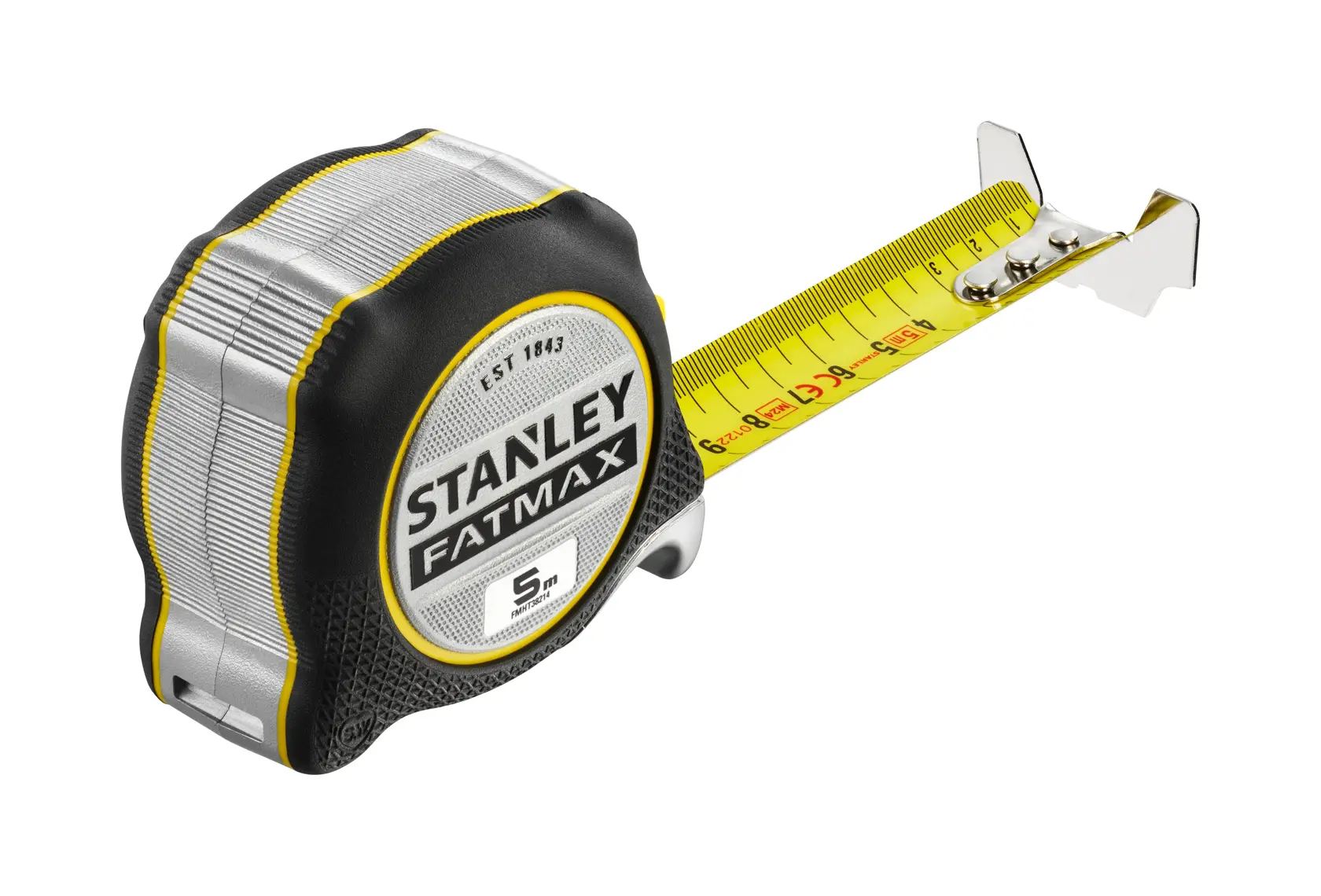 Foto del metro a nastro STANLEY FATMAX, SKU FMHT38214-0, custodia nera e argento, lama gialla estesa, vista angolata.