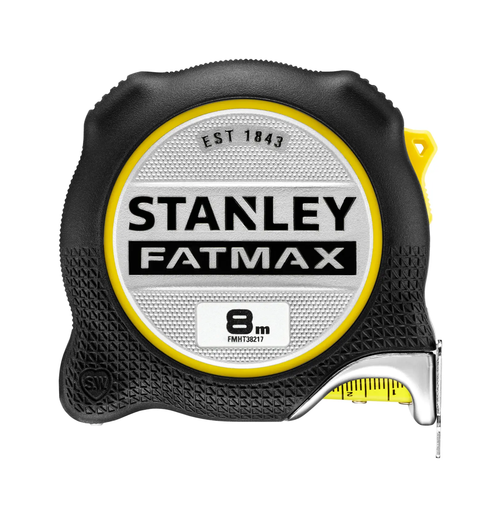 Metro a nastro STANLEY FATMAX 8m FMHT38217-0, nero e giallo, fotografia, vista frontale su sfondo bianco.
