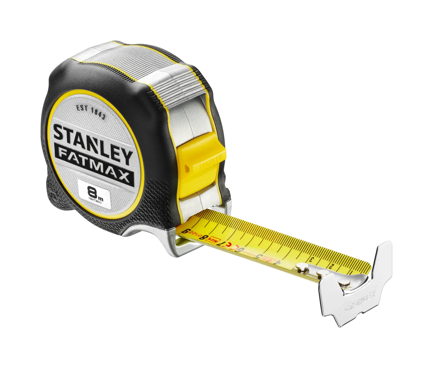 STANLEY FATMAX FMHT38217-0 metro a nastro 8m, vista angolata su sfondo bianco, custodia gialla e nera.