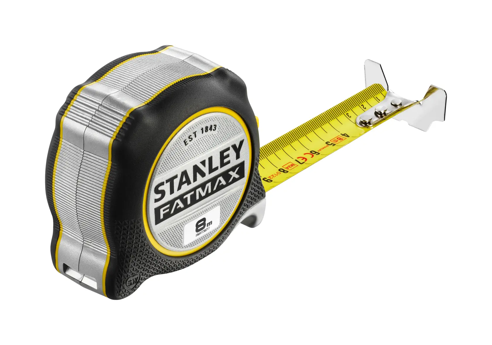 STANLEY FMHT38217-0 metro a nastro, serie FATMAX, lama gialla, foto angolata su sfondo bianco.