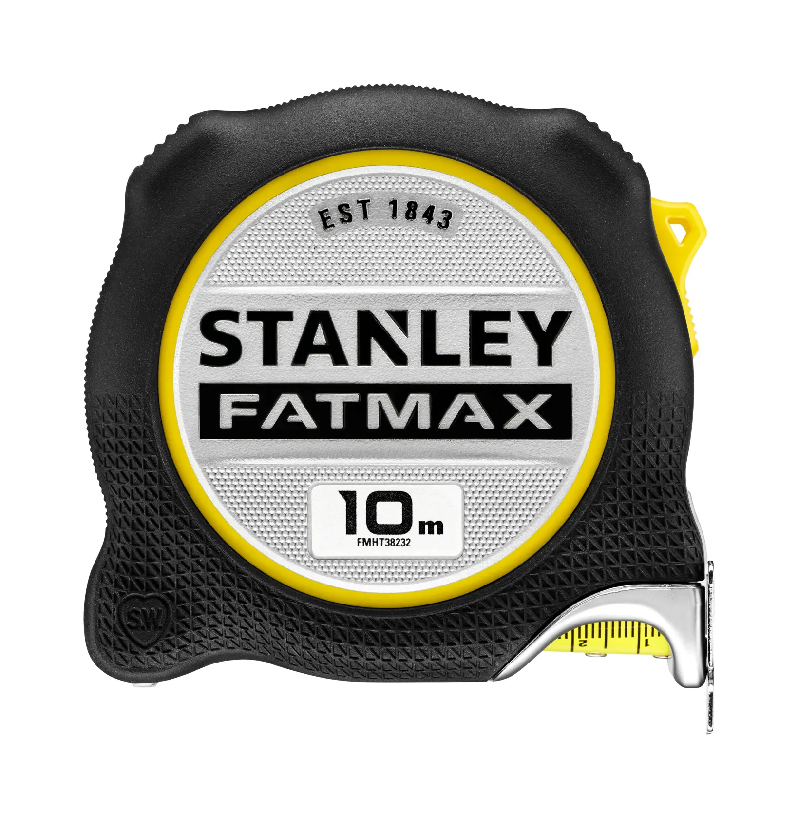 STANLEY FMHT38232-0 metro a nastro, serie FATMAX, 10 m, nero e giallo, vista frontale, fotografia.