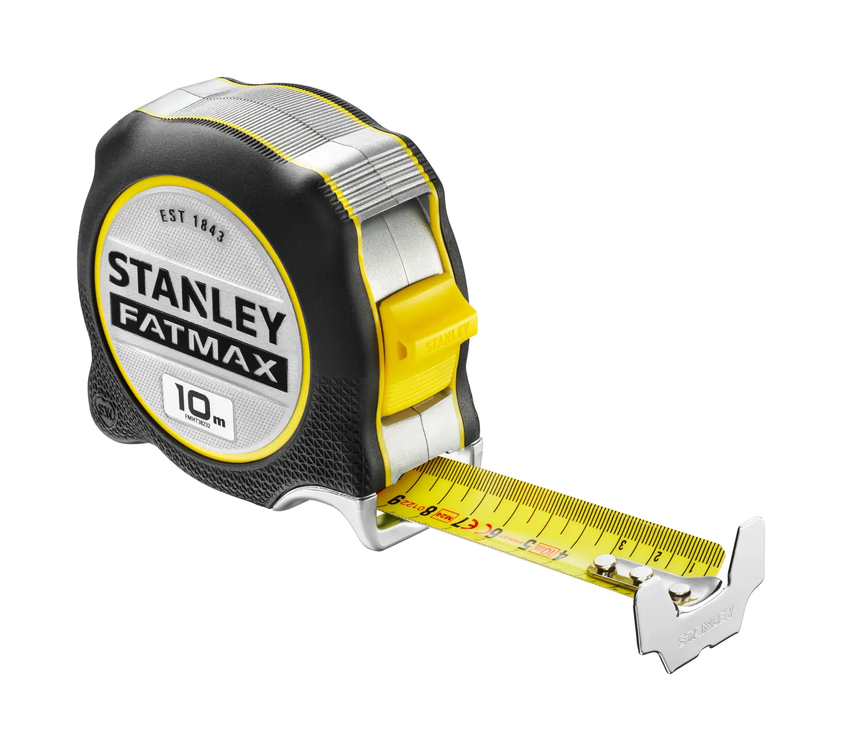 STANLEY FMHT38232-0 FATMAX metro a nastro, 10m, nero e giallo, vista angolata laterale su sfondo bianco.