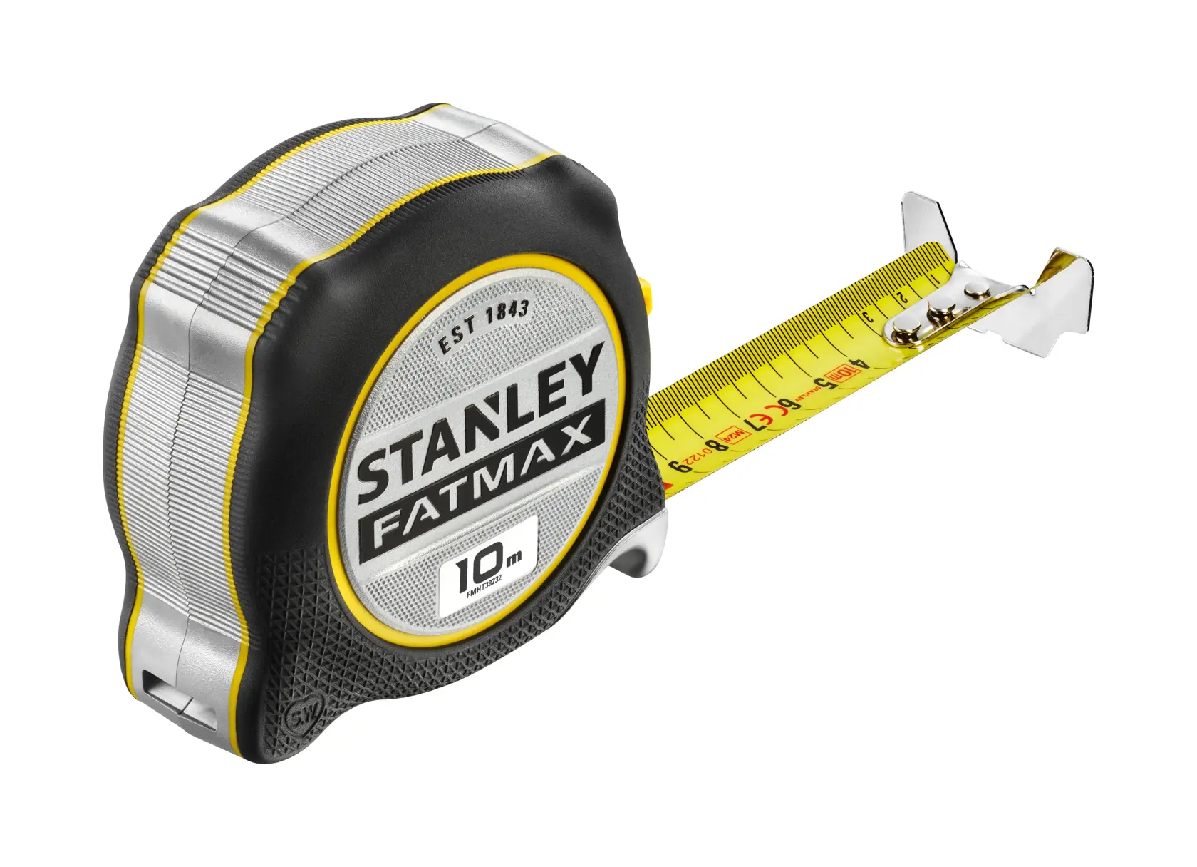 STANLEY FMHT38232-0 metro a nastro, 10m, nastro giallo, custodia nera e argento, foto angolo laterale.