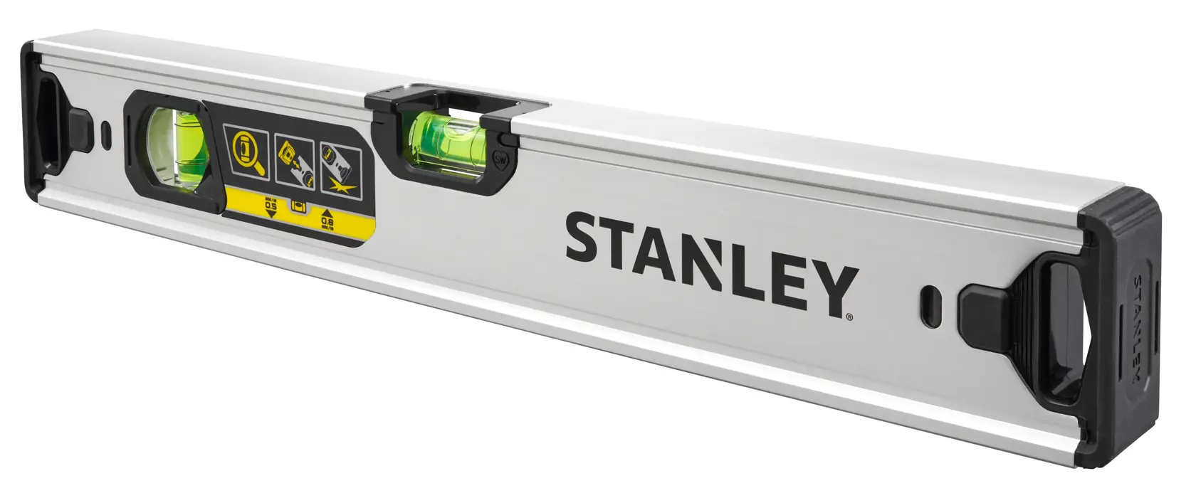 Livella STANLEY FMHT43670-1, argento con estremità nere, due fiale, vista laterale su sfondo bianco.