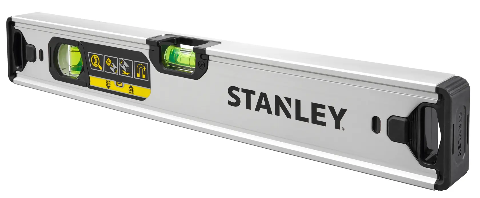 STANLEY FMHT43671-1 livella a bolla con corpo argento, tappi neri e ampolla orizzontale grande, vista angolata.