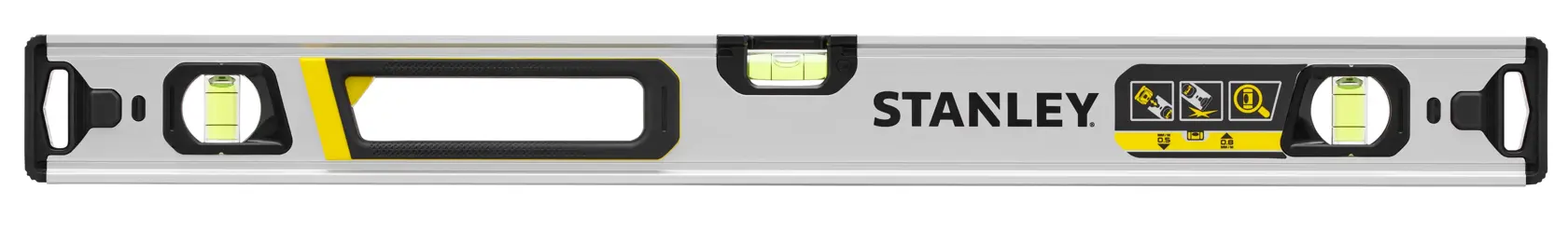 STANLEY FMHT43672 livella box beam, argento con dettagli neri e gialli, vista frontale su sfondo bianco.