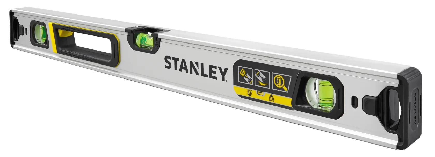 STANLEY FMHT43672 livello a bolla con tre fiale, argento e nero, vista laterale, maniglia e tappi finali visibili.
