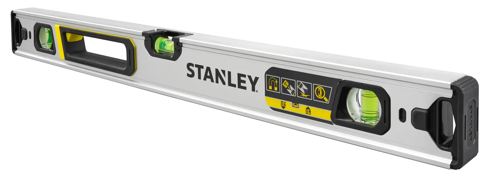 Livella STANLEY FMHT43673-1 con tre bolle, corpo argento, dettagli neri e gialli, vista angolata.
