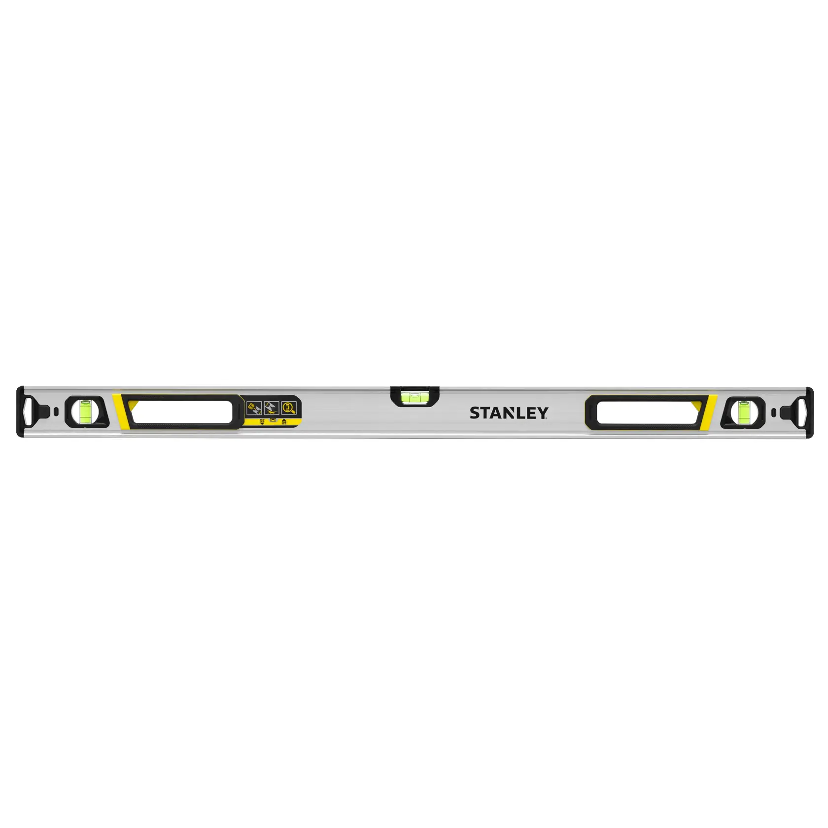 STANLEY FMHT43674-1 livella in alluminio, vista frontale, tre fiale e dettagli giallo-neri.