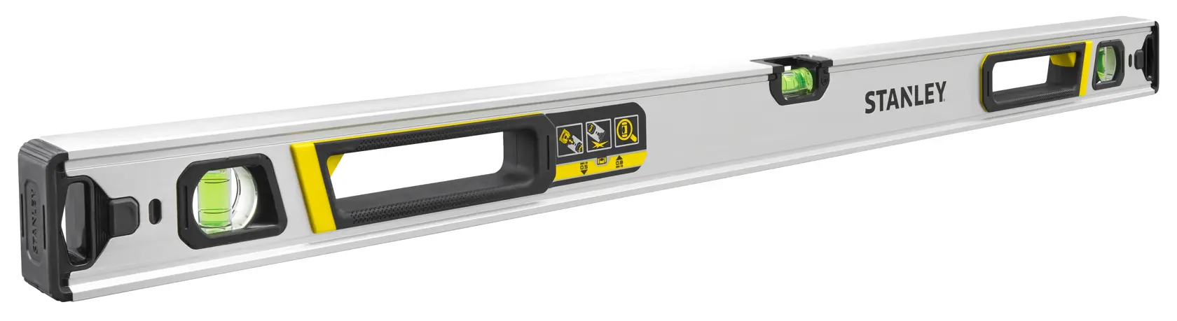 Stanley FMHT43674-1 livella in alluminio, 3 fiale, angolo frontale, dettagli giallo e nero.