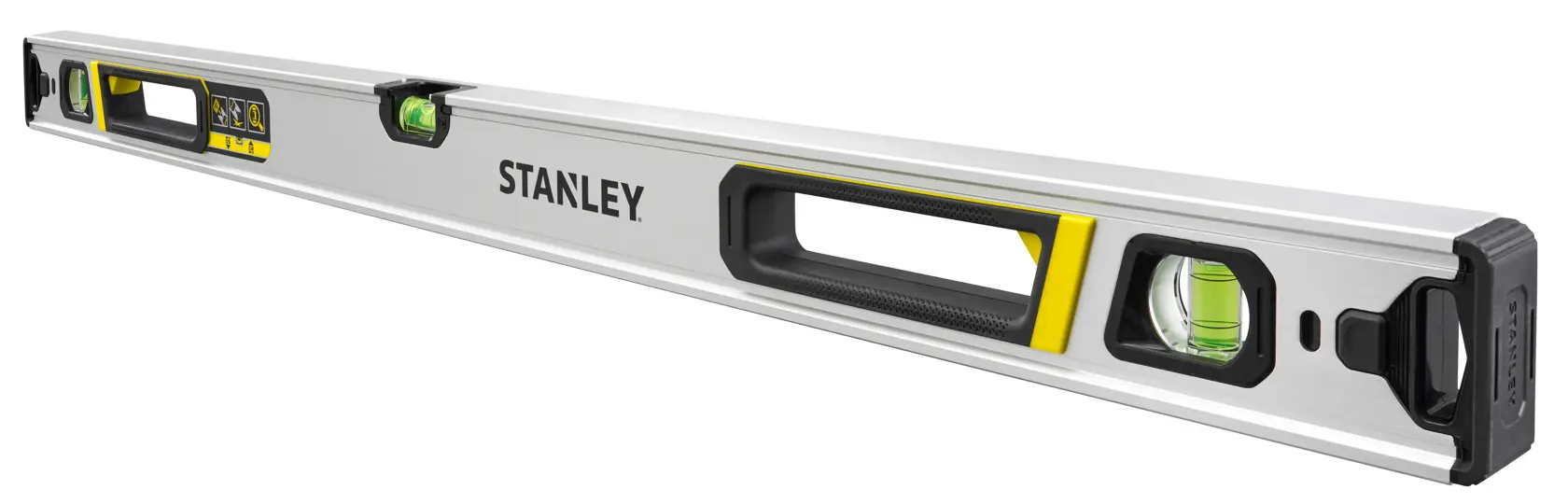 STANLEY FMHT43674-1 livella con corpo in alluminio, tre fiale e manico ergonomico, angolata su sfondo bianco.