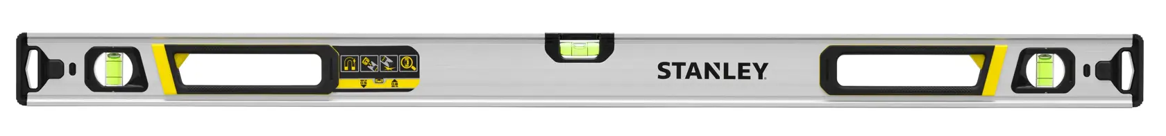 STANLEY FMHT43675-1 livella, corpo in alluminio rettilineo, tre fiale, vista frontale, dettagli gialli e neri.