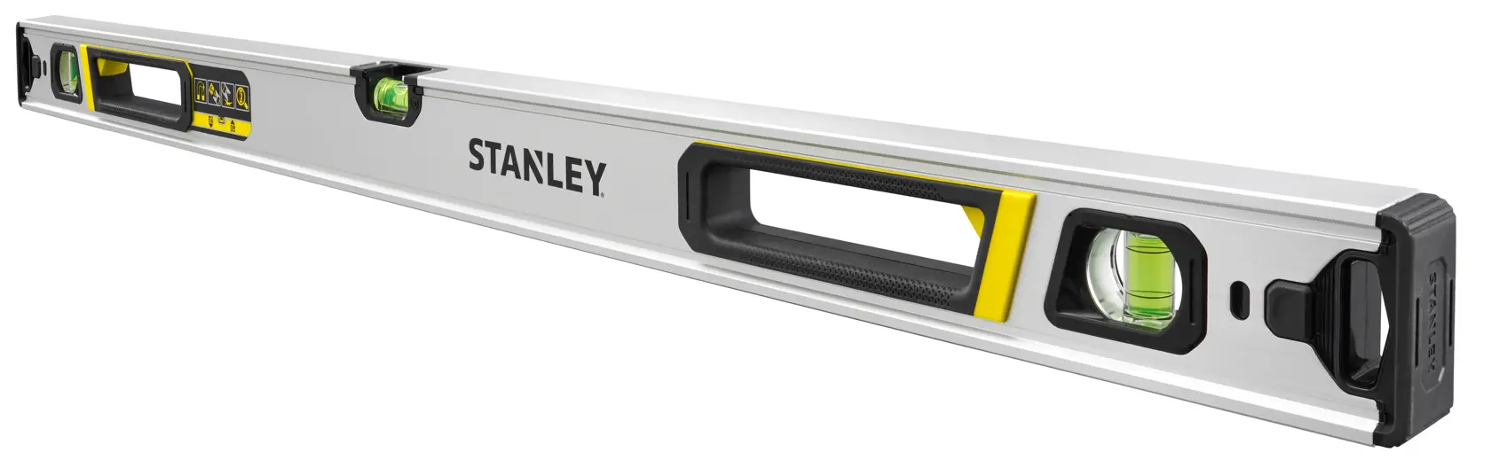 Livella STANLEY FMHT43675-1, argento con dettagli neri e gialli, foto angolata su sfondo bianco.