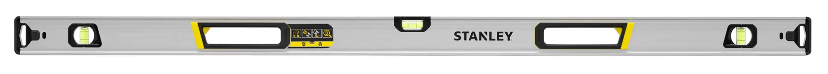 Stanley FMHT43677 livella a cassa in alluminio con dettagli gialli, vista frontale su sfondo bianco.