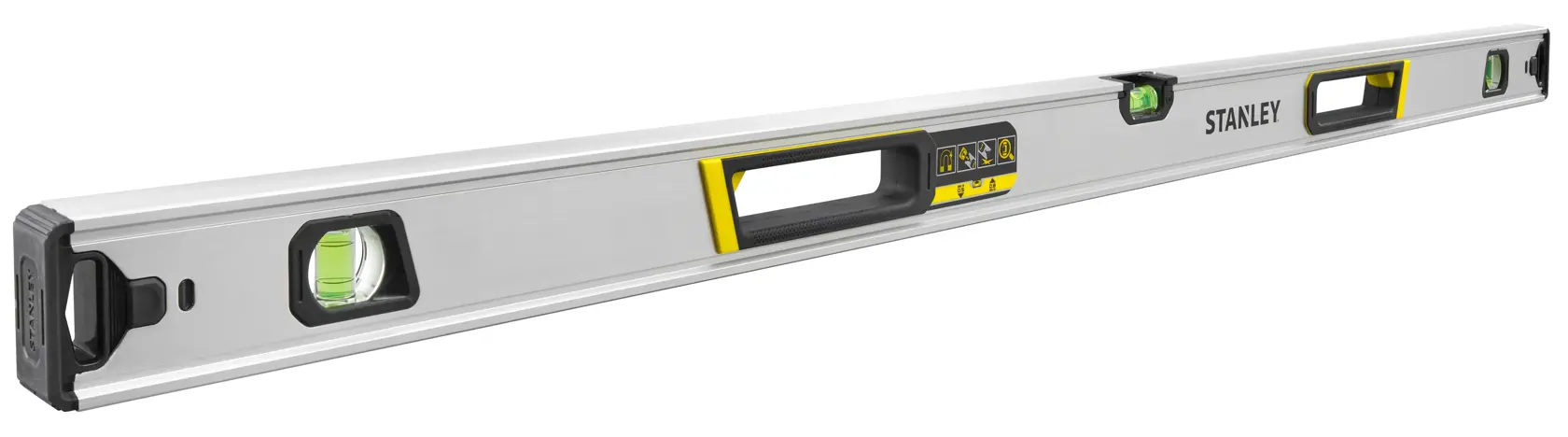 STANLEY FMHT43677 livella, corpo in alluminio con dettagli gialli, angolazione laterale su sfondo bianco.
