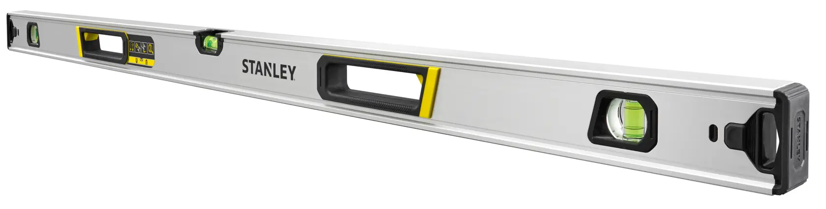 STANLEY FMHT43677 livella in alluminio con diverse bolle, corpo argento, angolo sinistro su sfondo bianco.
